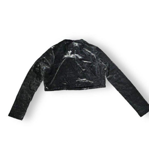 1X Ladies Crop Top Blouse Metallic Textured Zip Detail Long Sleeves Silver Black - Picture 6 of 10